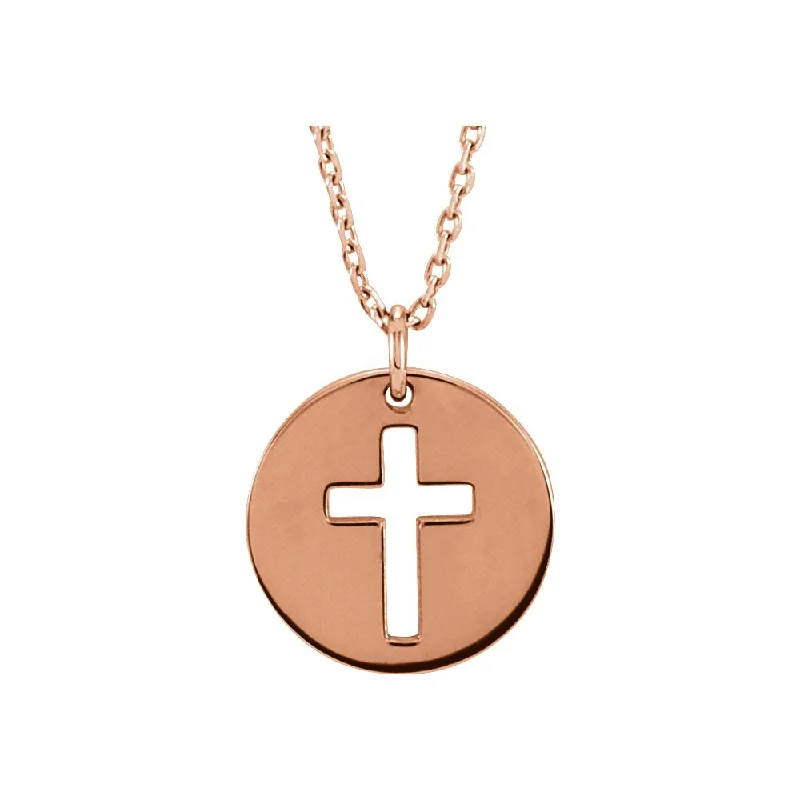 14k Yellow, White or Rose Gold 12mm Cross Disc Necklace, 16-18 Inch