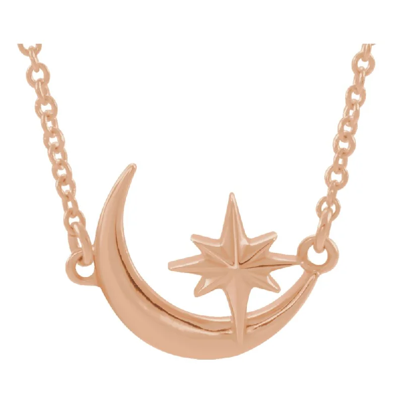 14K Yellow, White or Rose Gold Crescent Moon & Star Necklace, 16-18 In