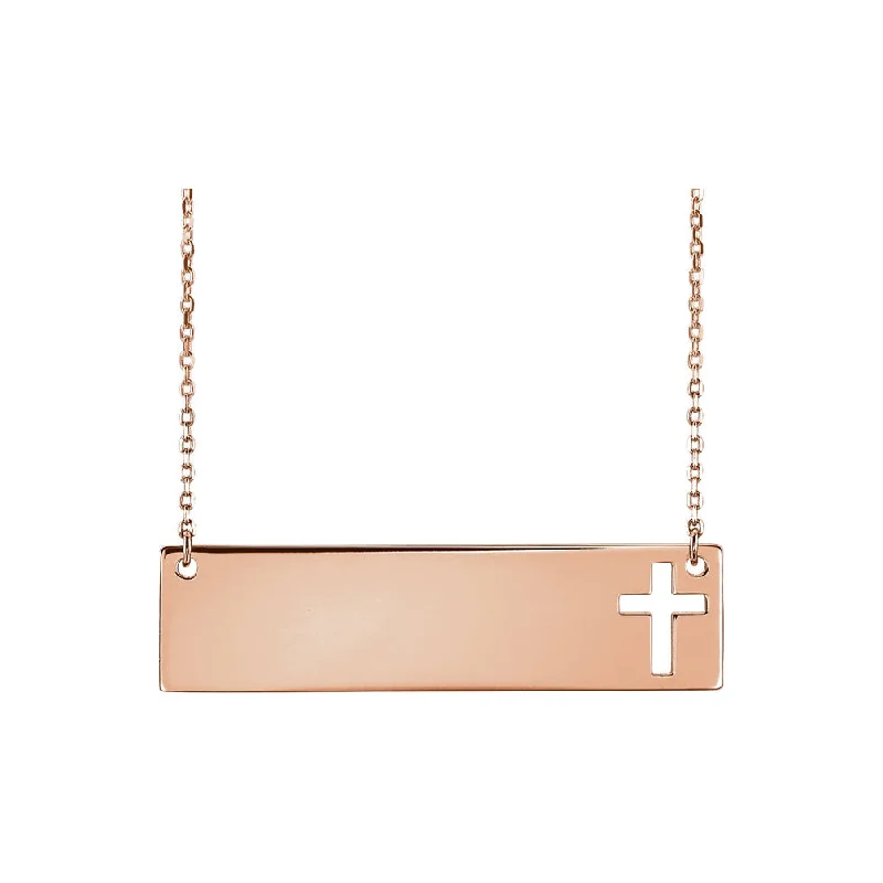 14k Yellow, White or Rose Gold Engravable Bar Cross Necklace, 16-18 In