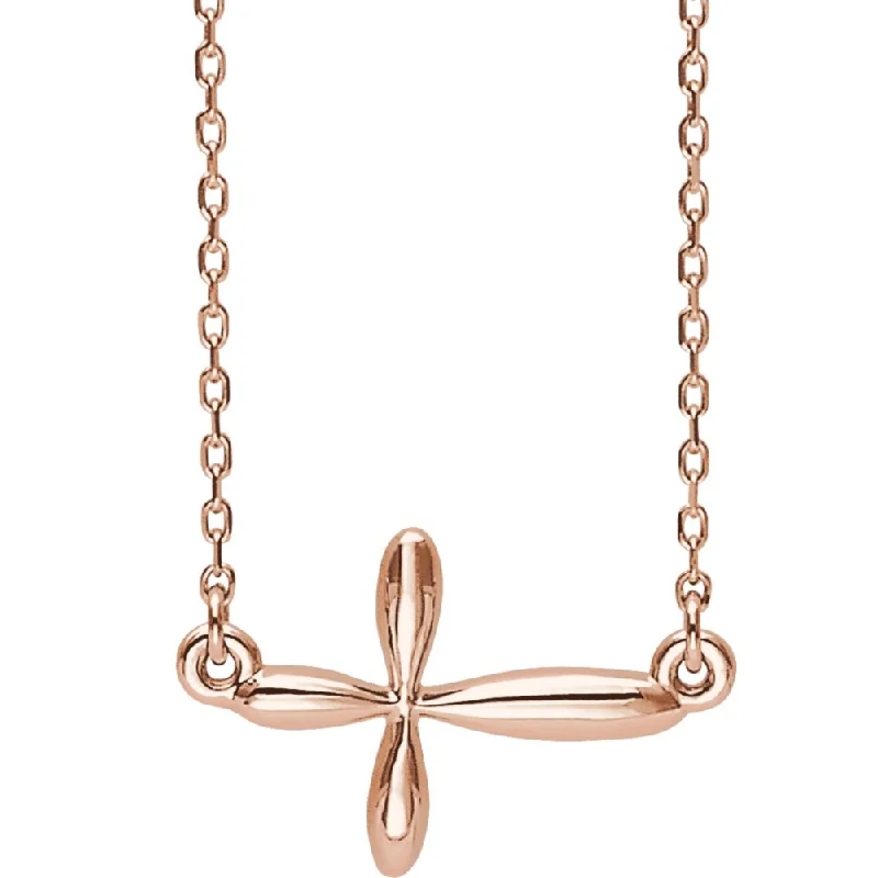 14k Yellow, White or Rose Gold Sideways Rounded Cross Necklace, Adj.