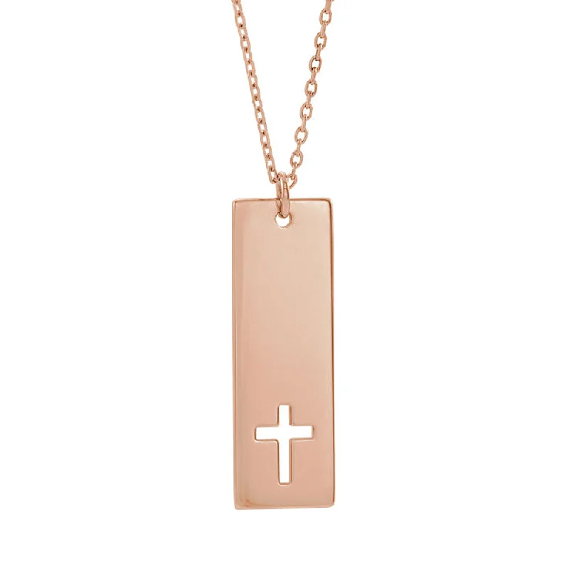 14k Yellow, White or Rose Gold Vertical Bar Pierced Cross Necklace