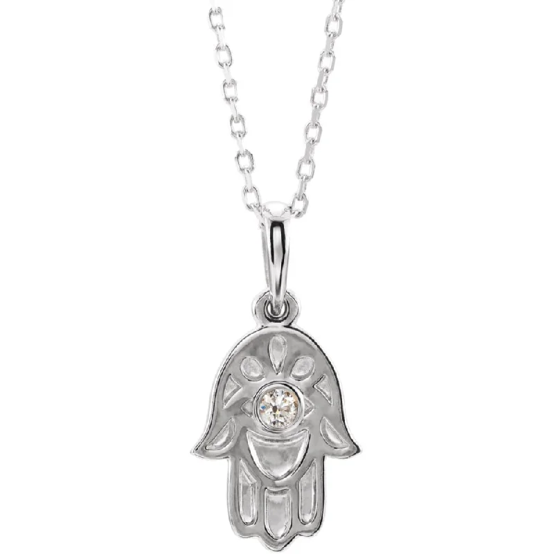 Platinum .03 CT Diamond Small Hamsa Necklace, 16-18 Inch