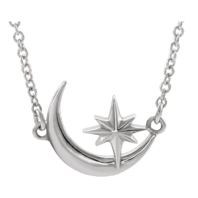 Platinum Crescent Moon & Stars Adjustable Necklace, 16-18 Inch