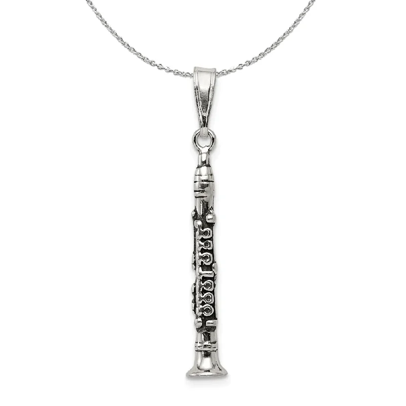 Sterling Silver 3D Antiqued Clarinet Necklace