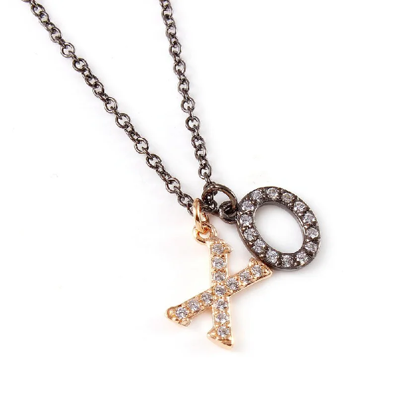 Silver 925 Black Rhodium and Rose Gold Plated Plated XO Hug Kiss Necklace with CZ - BGP00932