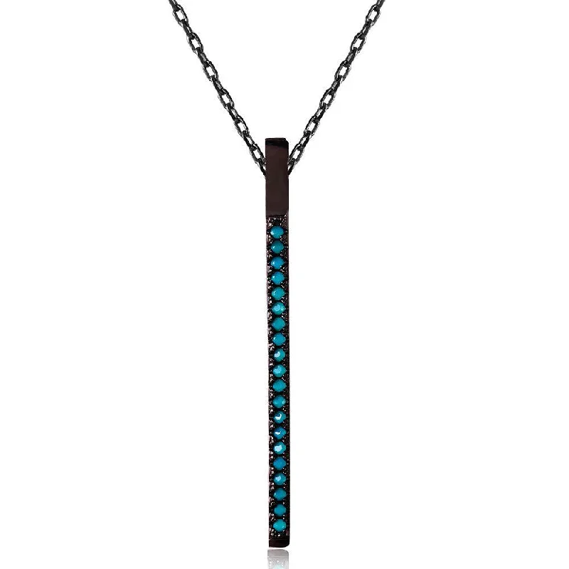 Silver 925 Black Rhodium Long Bar Necklace with Synthetic Turquoise Stones - STP01510