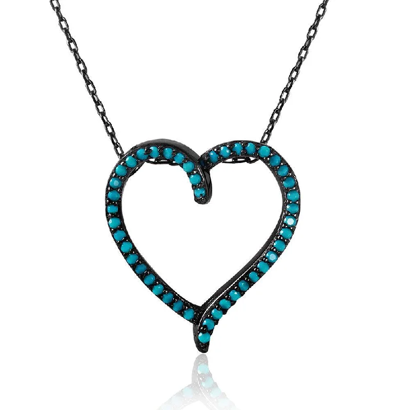 Silver 925 Black Rhodium Open Heart Necklace with Synthetic Turquoise Stones - STP01511