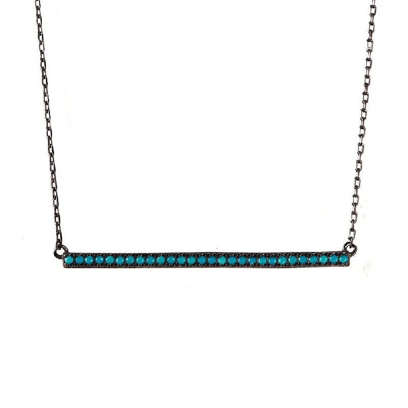 Silver 925 Black Rhodium Plated Bar Necklace with Synthetic Turquoise Stones - STP01515