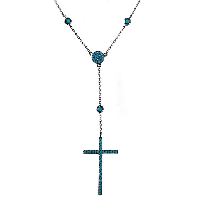 Silver 925 Black Rhodium Plated Cross Necklace with Synthetic Turquoise Stones - STP01513BLK