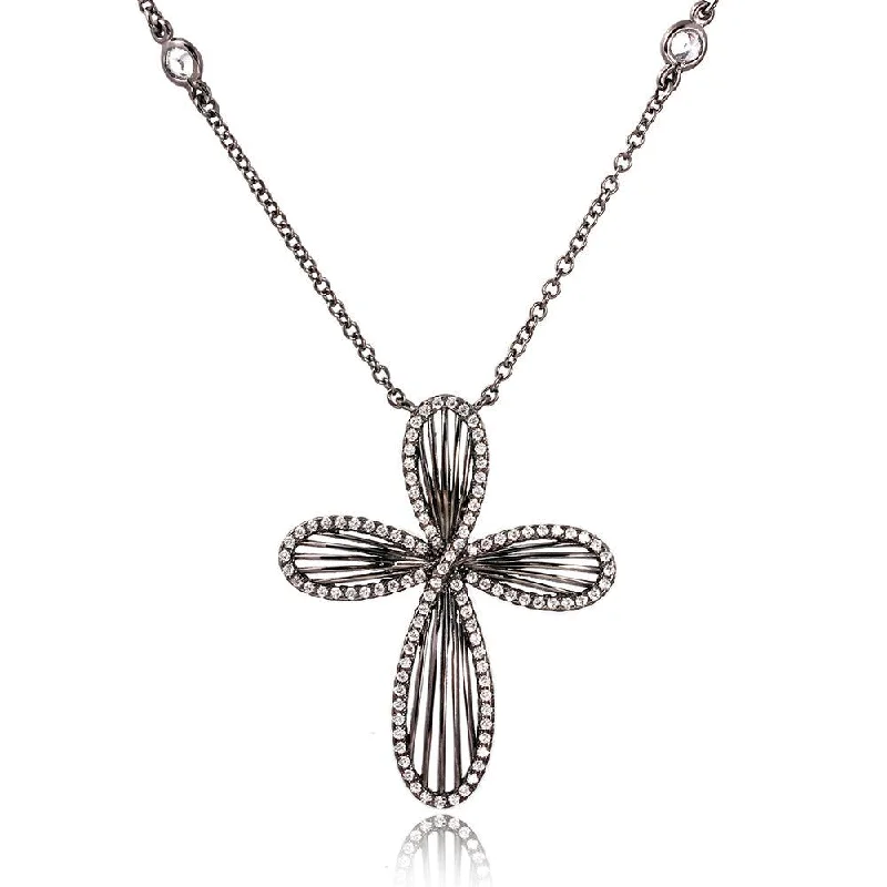 Silver 925 Black Rhodium Plated Cross with CZ Border Necklace - BGP01081