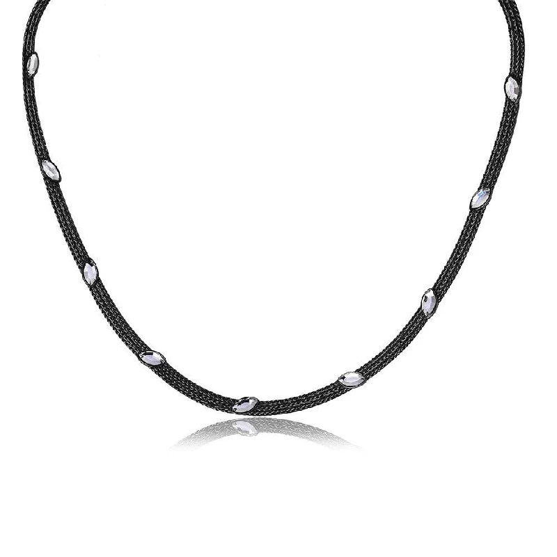 Silver 925 Black Rhodium Plated Italian Necklace With Marquise Stone Crystals - ECN00009B