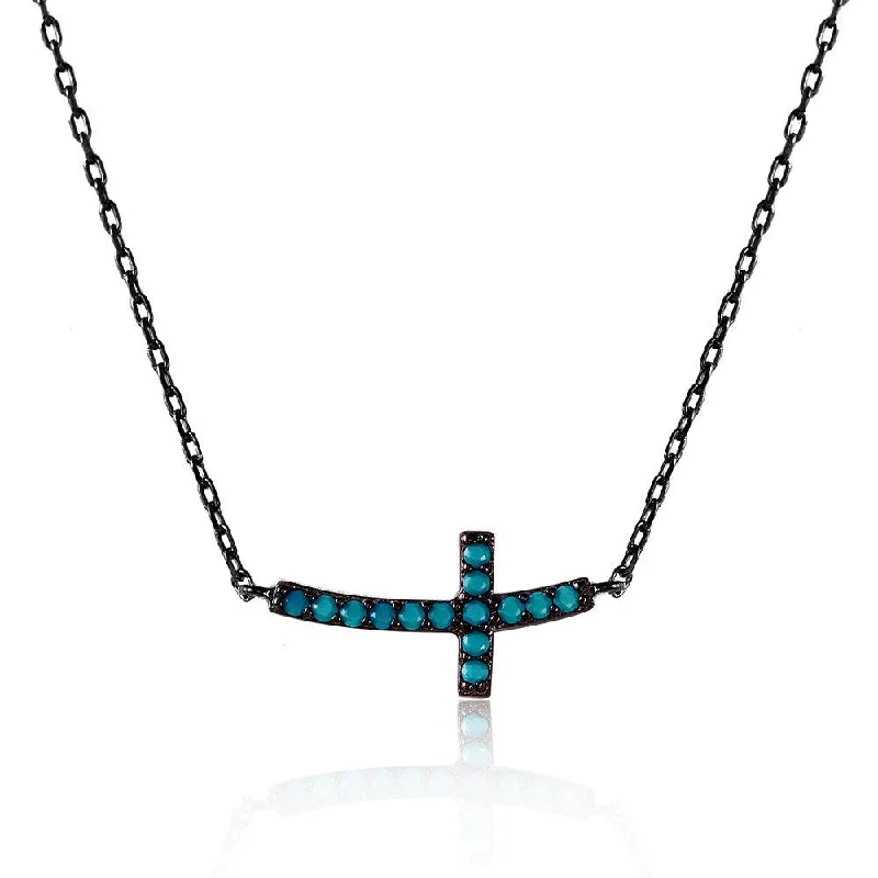 Silver 925 Black Rhodium Plated Sideways Cross Necklace with Synthetic Turquoise Stones - STP01514