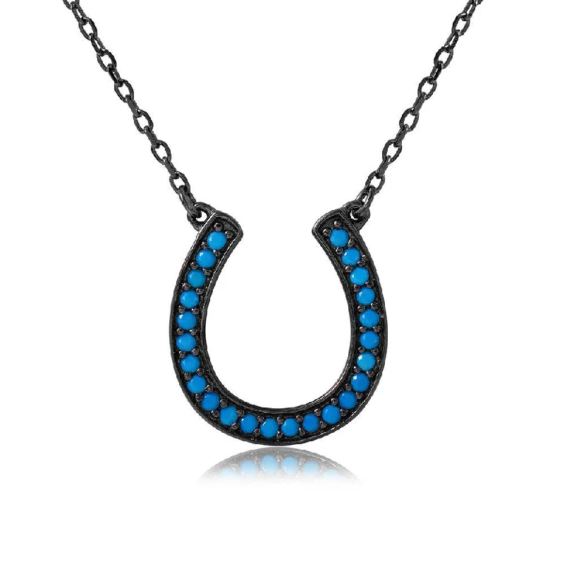 Silver 925 Black Rhodium Plated Turquoise Stone Horse Shoe Necklace - BGP01113