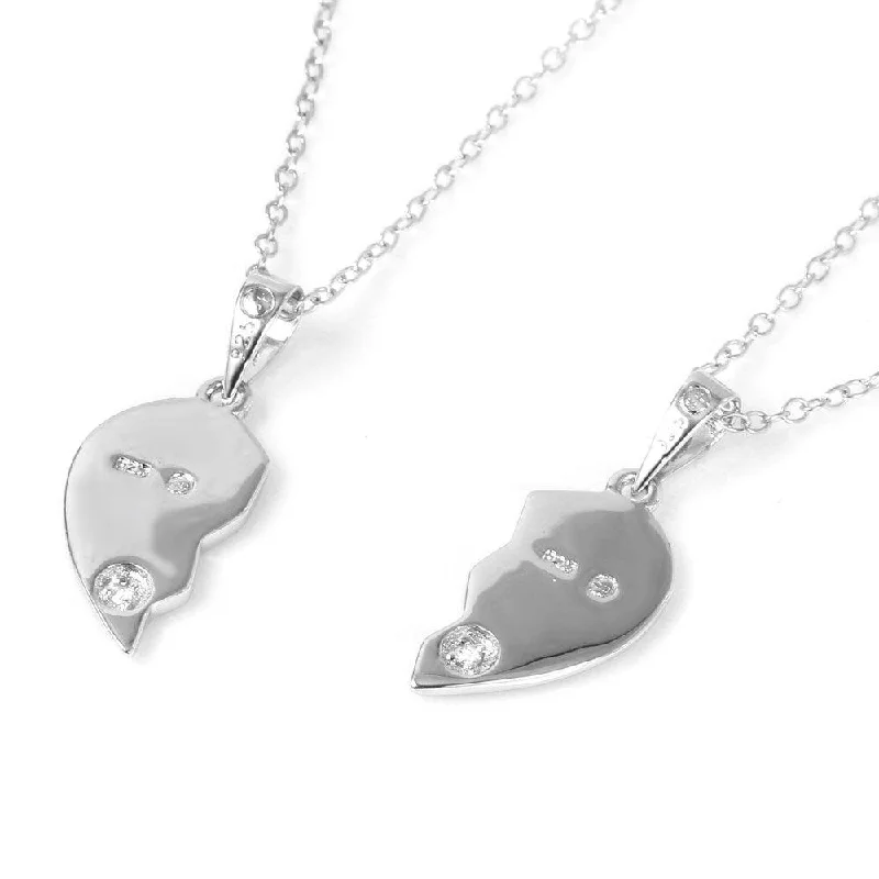 Silver 925 Double Broken Hearts with Small CZ Stud Accents Pendant Necklace - BGP01017