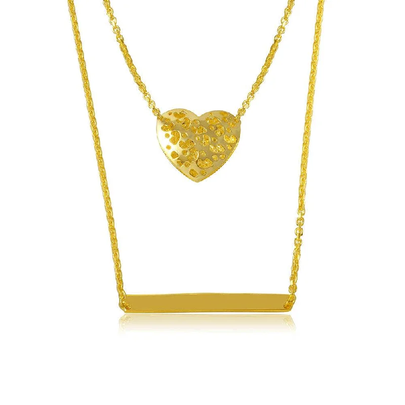 Silver 925 Gold Plated Double Chain Heart and Bar Necklace - DIN00043GP