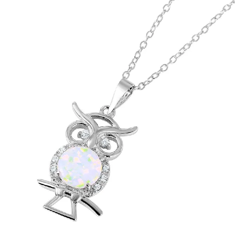 Silver 925 Nickel Free Rhodium Plated Owl with Opal Center Stone Necklace - BGP01049