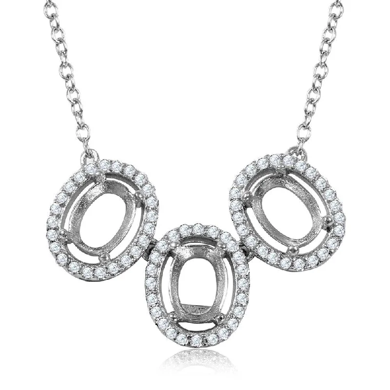 Silver 925 Rhodium Plated 3 Oval CZ Halo Mounting Necklace - BGP01013