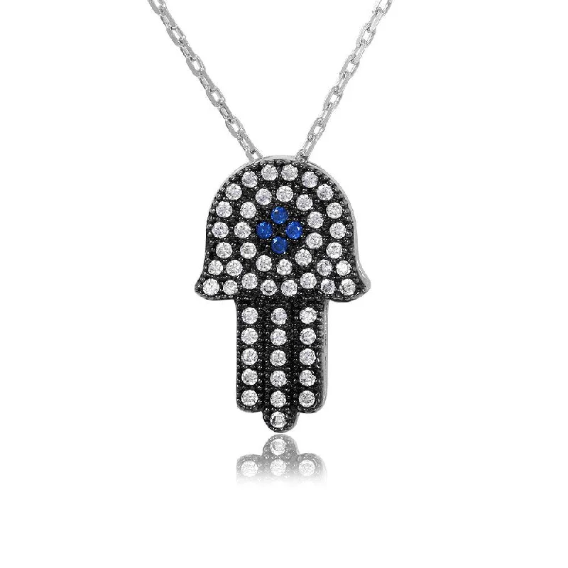 Silver 925 Rhodium Plated Black CZ Hamsa Necklace - GMN00004B-S