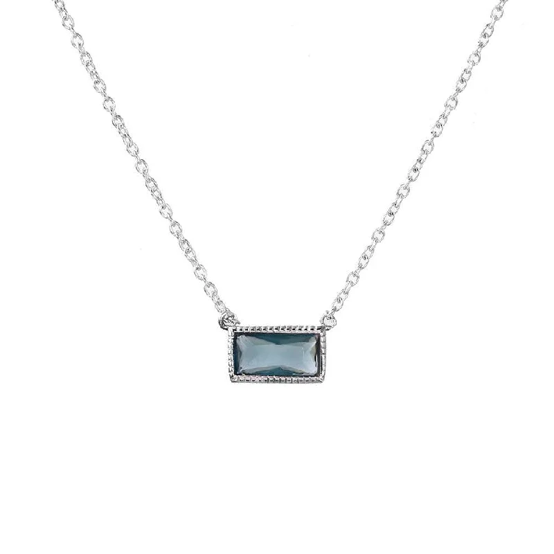 Silver 925 Rhodium Plated Blue CZ Rectangle Necklace - STP01503BLU