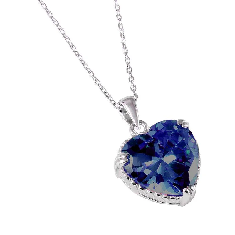 Silver 925 Rhodium Plated Blue Heart CZ Rope Necklace - BGP00729