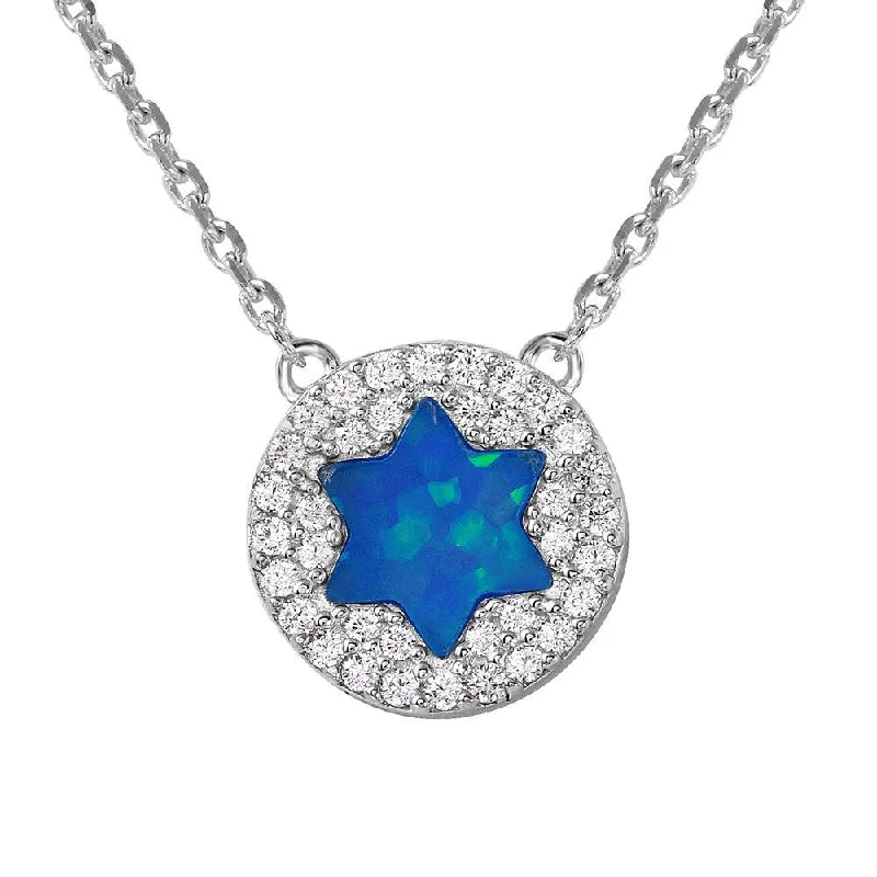 Silver 925 Rhodium Plated Blue Opal Star with CZ Stones Necklace - GMN00001RH