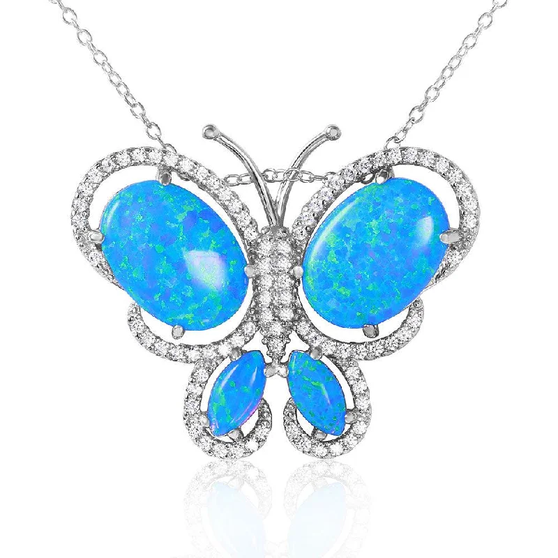 Silver 925 Rhodium Plated Butterfly with CZ and Synthetic Blue Opal Necklace - BGP01067