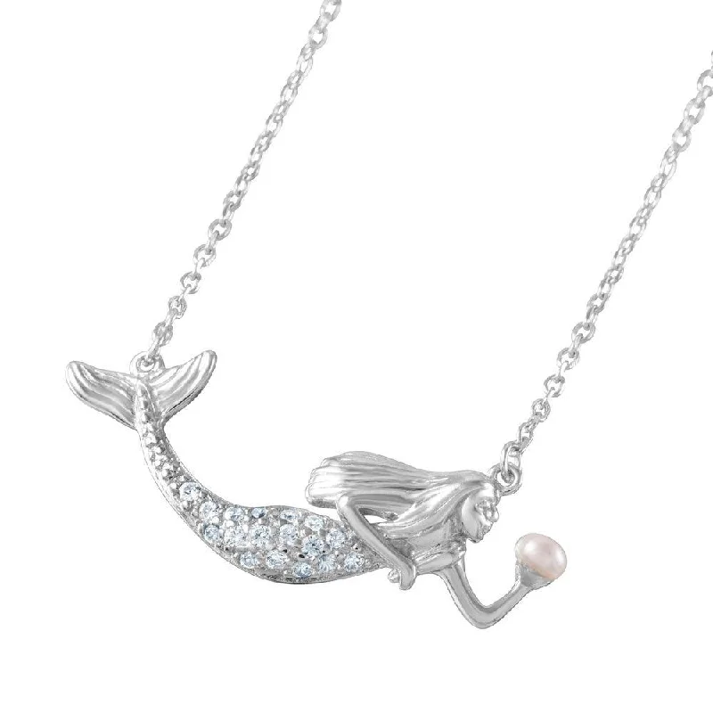 Silver 925 Rhodium Plated Clear CZ and Pearl Mermaid Necklace - BGP01046