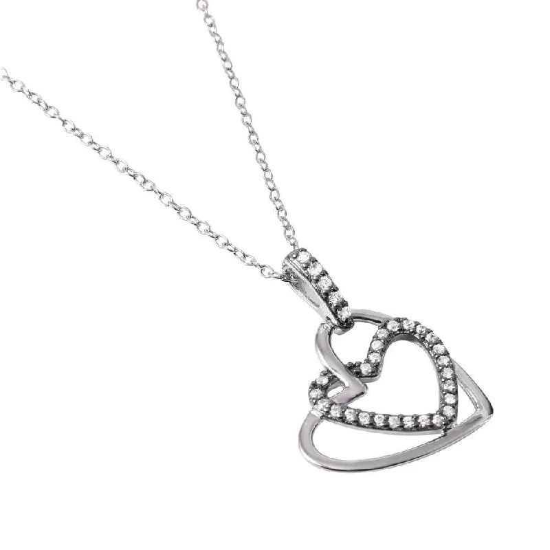 Silver 925 Rhodium Plated Clear CZ Dual Open Hearts Pendant Necklace - BGP01030