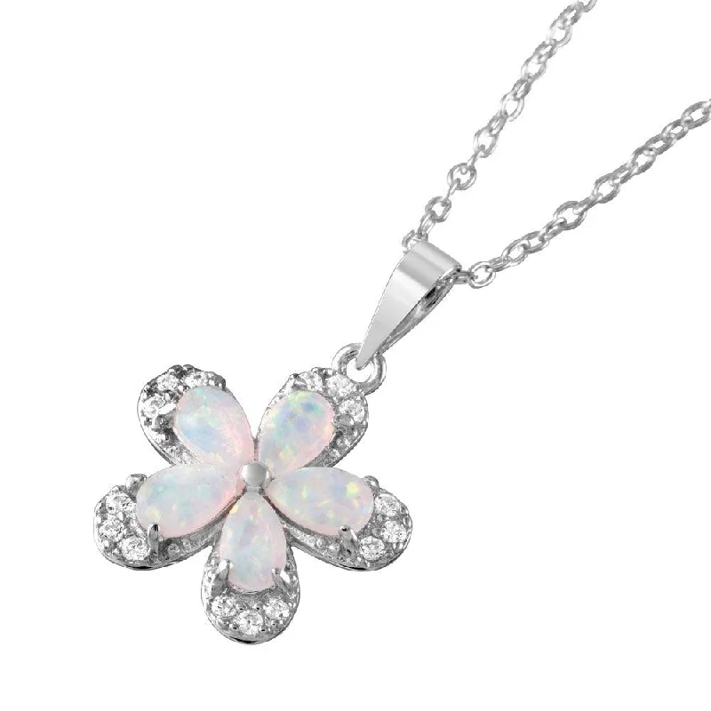 Silver 925 Rhodium Plated Clear CZ Flower Pear Opal Pendant Necklace - BGP01050