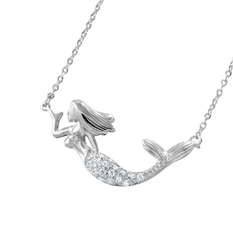 Silver 925 Rhodium Plated Clear CZ Mermaid Necklace - BGP01047