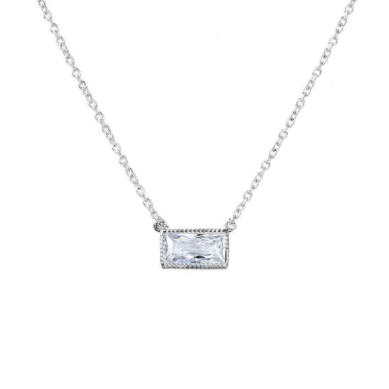 Silver 925 Rhodium Plated Clear CZ Rectangle Necklace - STP01503CLR