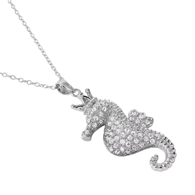 Silver 925 Rhodium Plated Clear CZ Seahorse Pendant Necklace - BGP01025