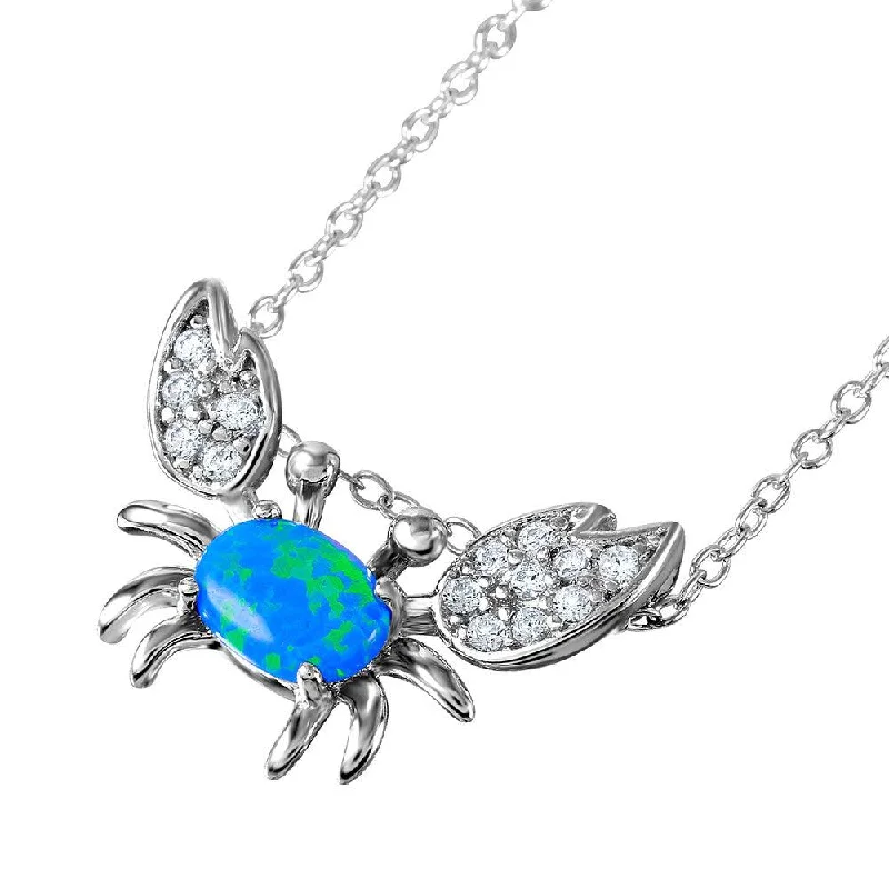 Silver 925 Rhodium Plated Crab Necklace with CZ and Synthetic Blue Opal - BGP01065