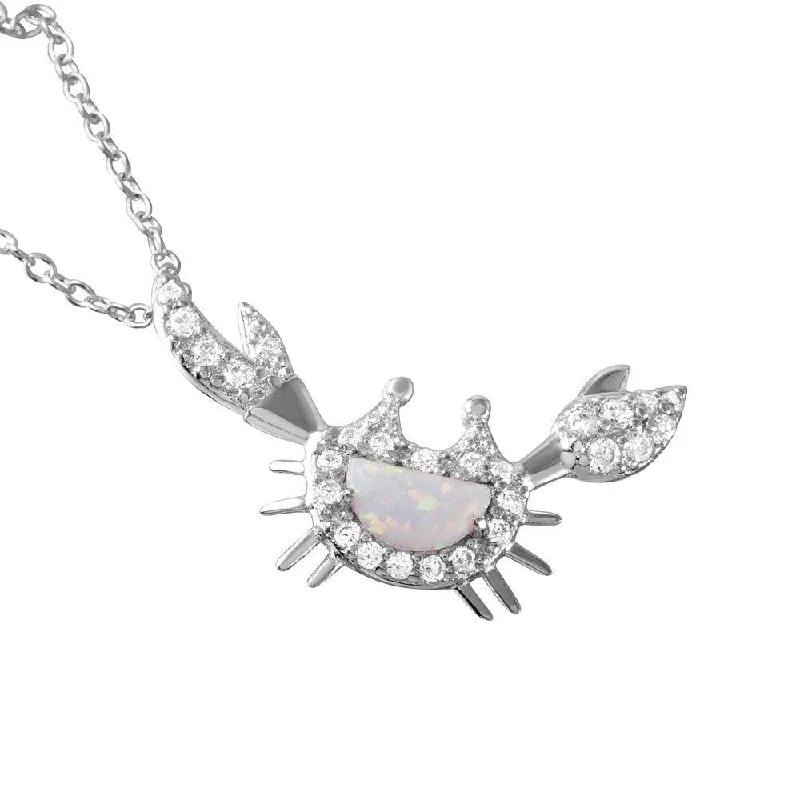 Silver 925 Rhodium Plated Crescent Opal Round CZ Crab Pendant Necklace - BGP01041