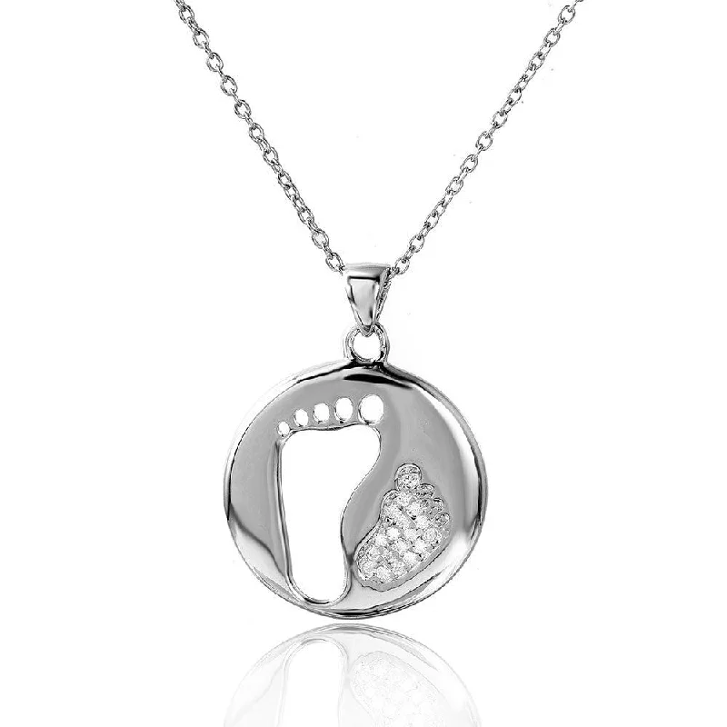 Silver 925 Rhodium Plated Cut Out and CZ Foot Print Necklace - STP01504