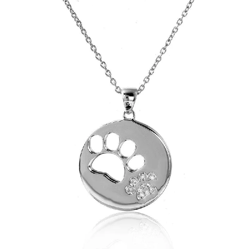 Silver 925 Rhodium Plated Cut Out and CZ Paw Necklace - STP01506