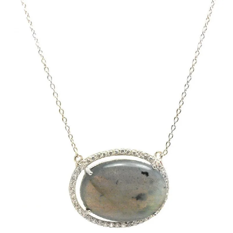 Silver 925 Rhodium Plated CZ Accents Labradorite Pendant Necklace - STP01427LA