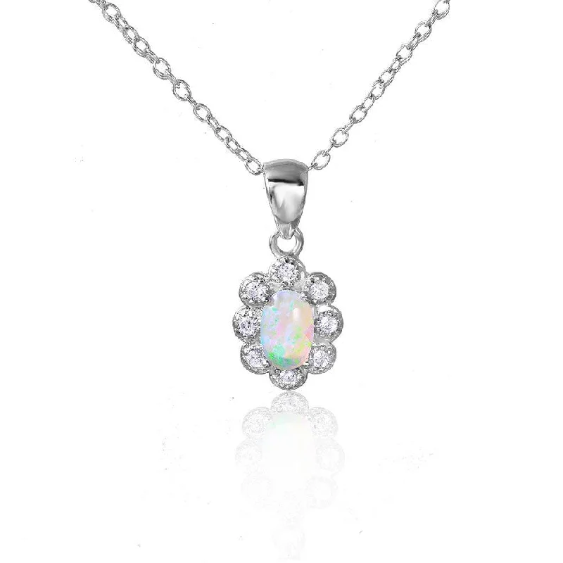 Silver 925 Rhodium Plated CZ Flower with Synthetic Opal Necklace - STP01502