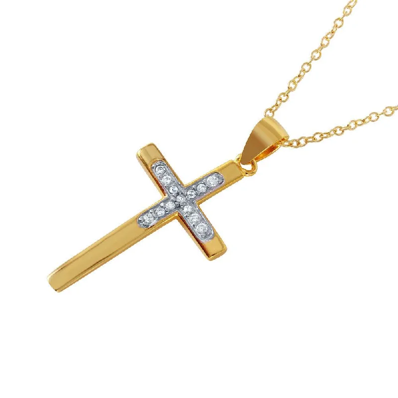 Silver 925 Rhodium Plated CZ Inlay Gold Plated Cross Pendant Necklace - STP01494