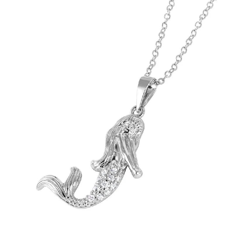 Silver 925 Rhodium Plated CZ Mermaid Charm Necklace - BGP01037