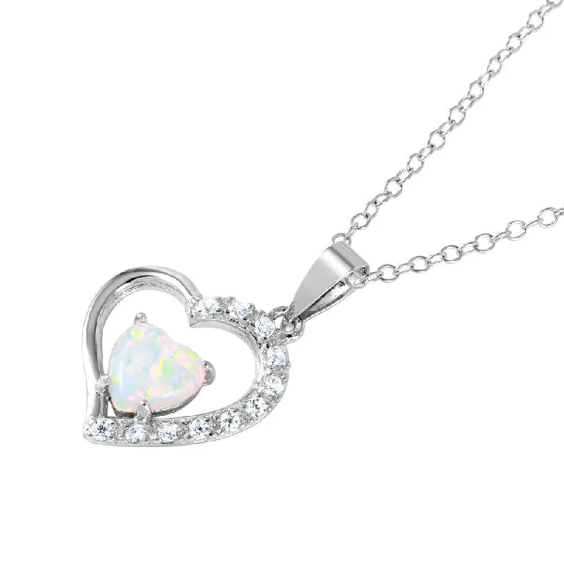 Silver 925 Rhodium Plated CZ Open Heart with Heart-shaped Opal Necklace - BGP01043