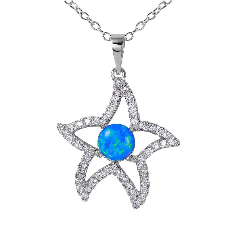 Silver 925 Rhodium Plated CZ Open Starfish with Synthetic Blue Opal Necklace - BGP01073BLU