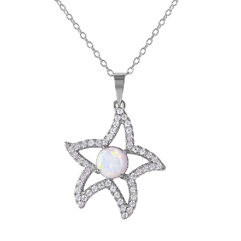 Silver 925 Rhodium Plated CZ Open Starfish with White Center Stone Necklace - BGP01073WHT