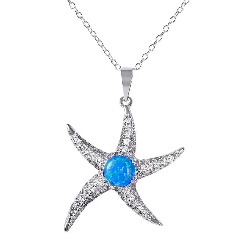 Silver 925 Rhodium Plated CZ Starfish with Synthetic Blue Opal Necklace - BGP01072