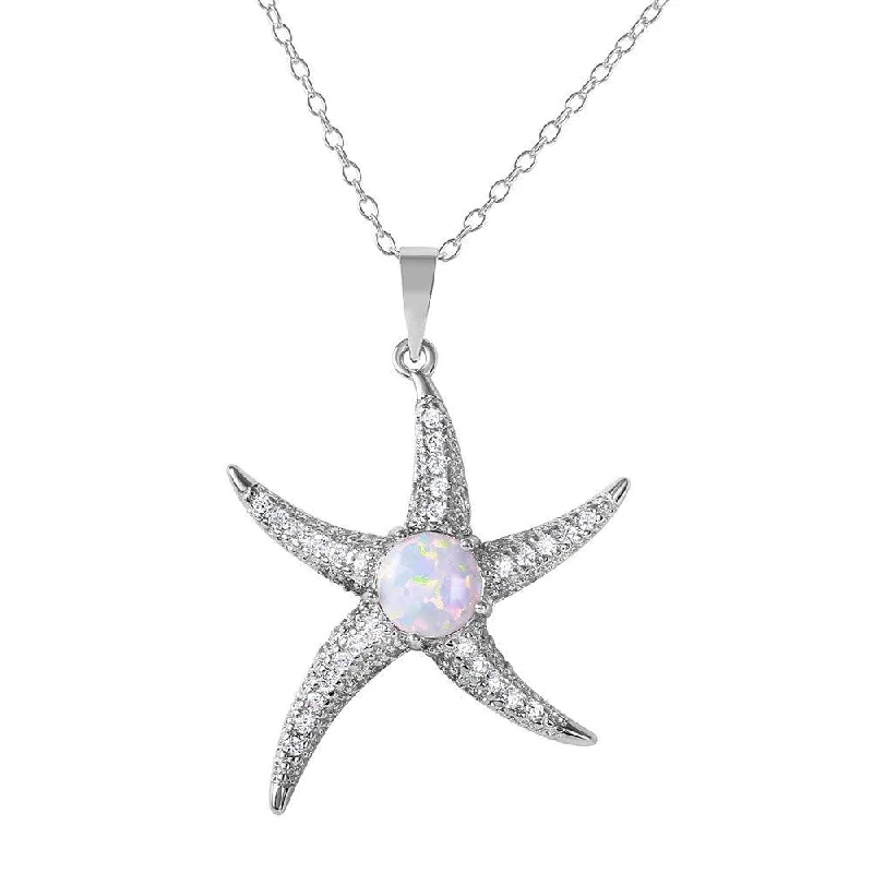 Silver 925 Rhodium Plated CZ Starfish with White Center Stone Necklace - BGP01072WHT