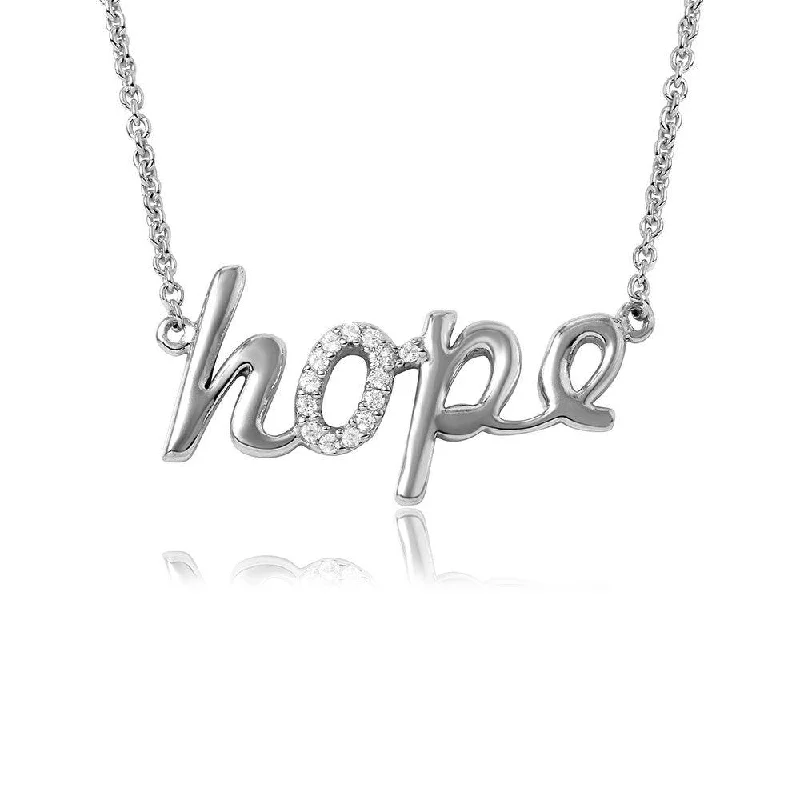 Silver 925 Rhodium Plated CZ Word Necklace "Hope" - DIN00040RH