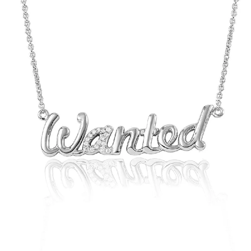 Silver 925 Rhodium Plated CZ Word Necklace "WANTED" - DIN00041RH