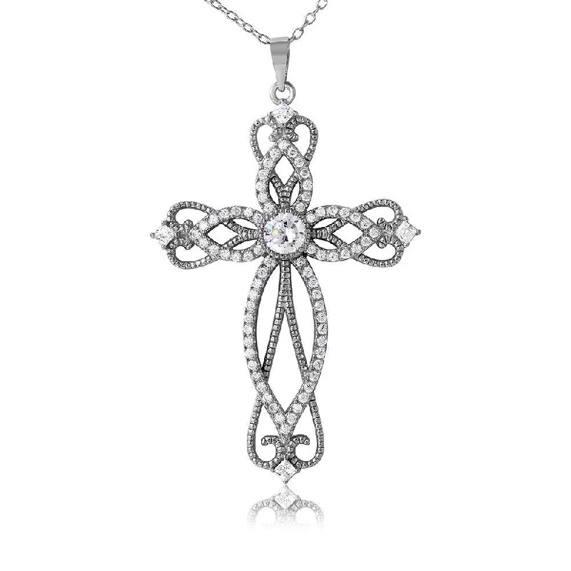 Silver 925 Rhodium Plated Designed Cross Necklace with CZ - BGP01079