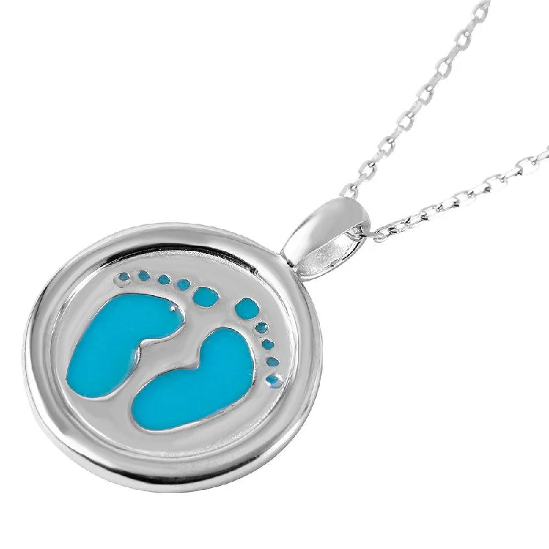 Silver 925 Rhodium Plated Disc Blue Enamel Foot Print Designed Necklace - BGP00952BLU