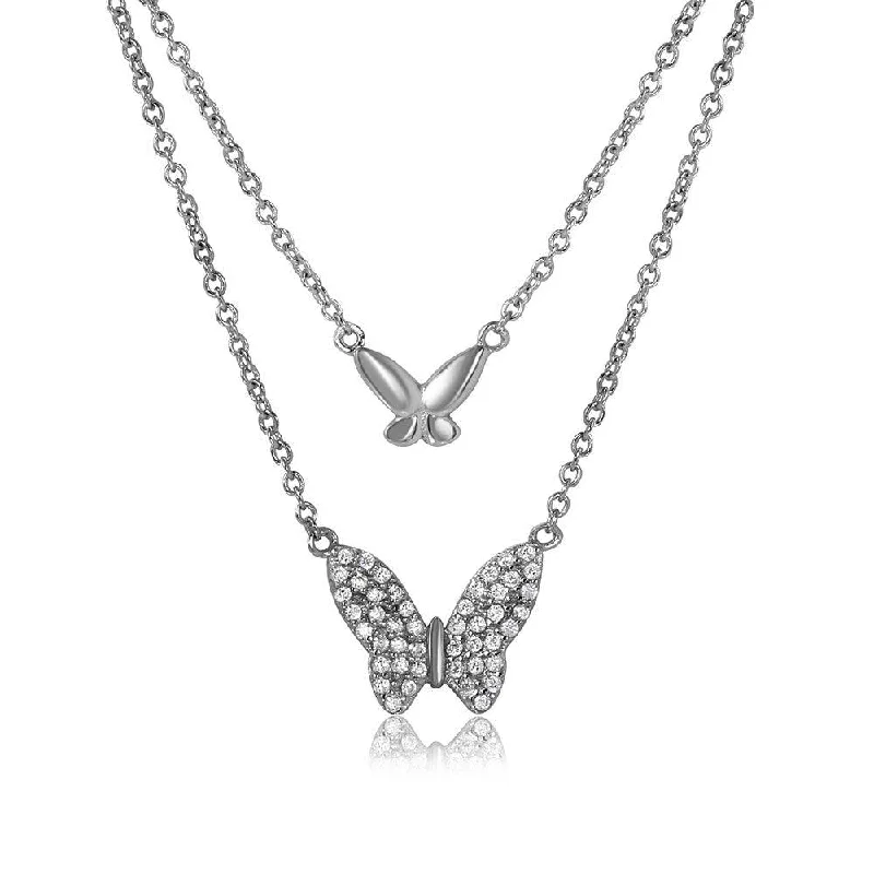 Silver 925 Rhodium Plated Double Butterfly Necklace with CZ - STP01517